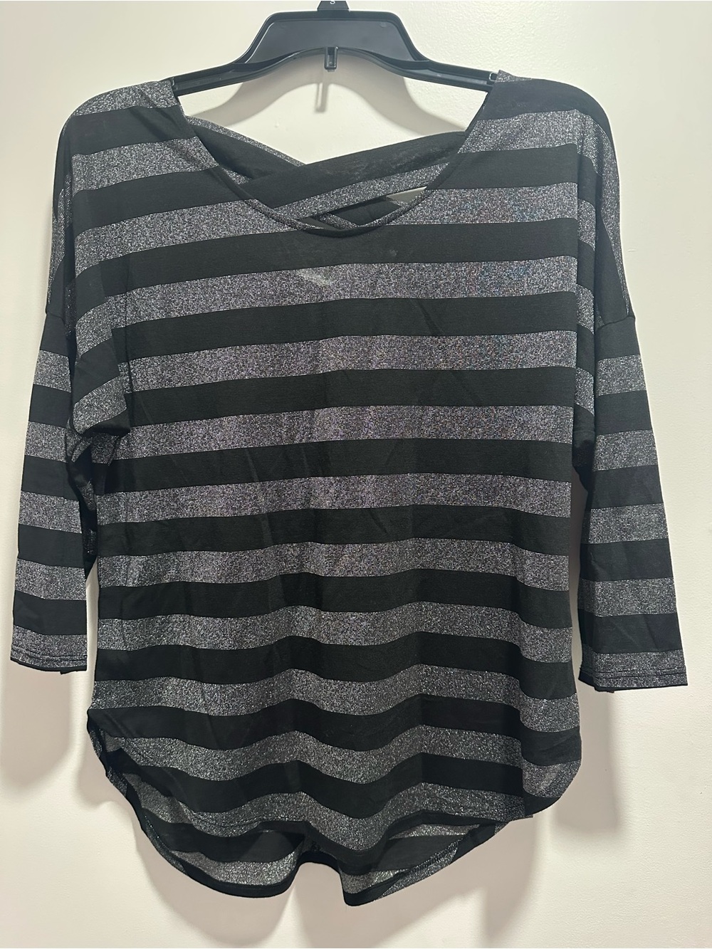 Striped Black and Silver Crisscross Long Sleeve Tee